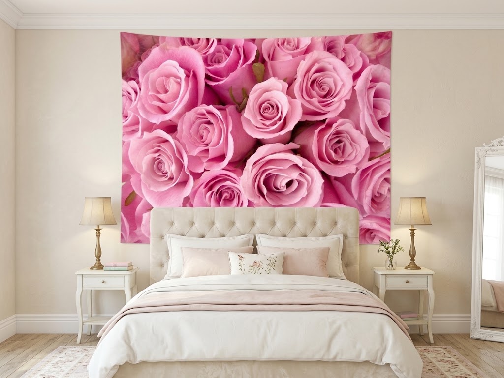 Coquette style bedroom decorated with a pink rose tapestry hanging on the main wall.