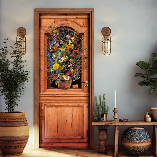Floral Wooden Door Wrap Peel and Stick Wildflower Mural