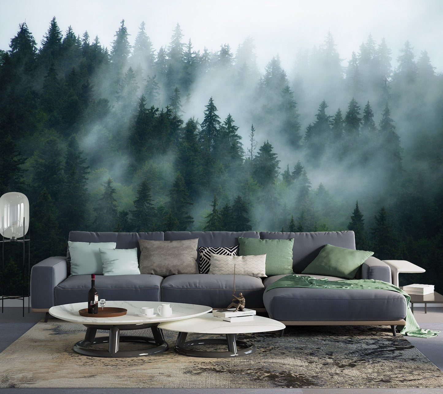 Misty Pine Forest Wall Mural | Foggy Mountain Landscape Peel and Stick Wallpaper