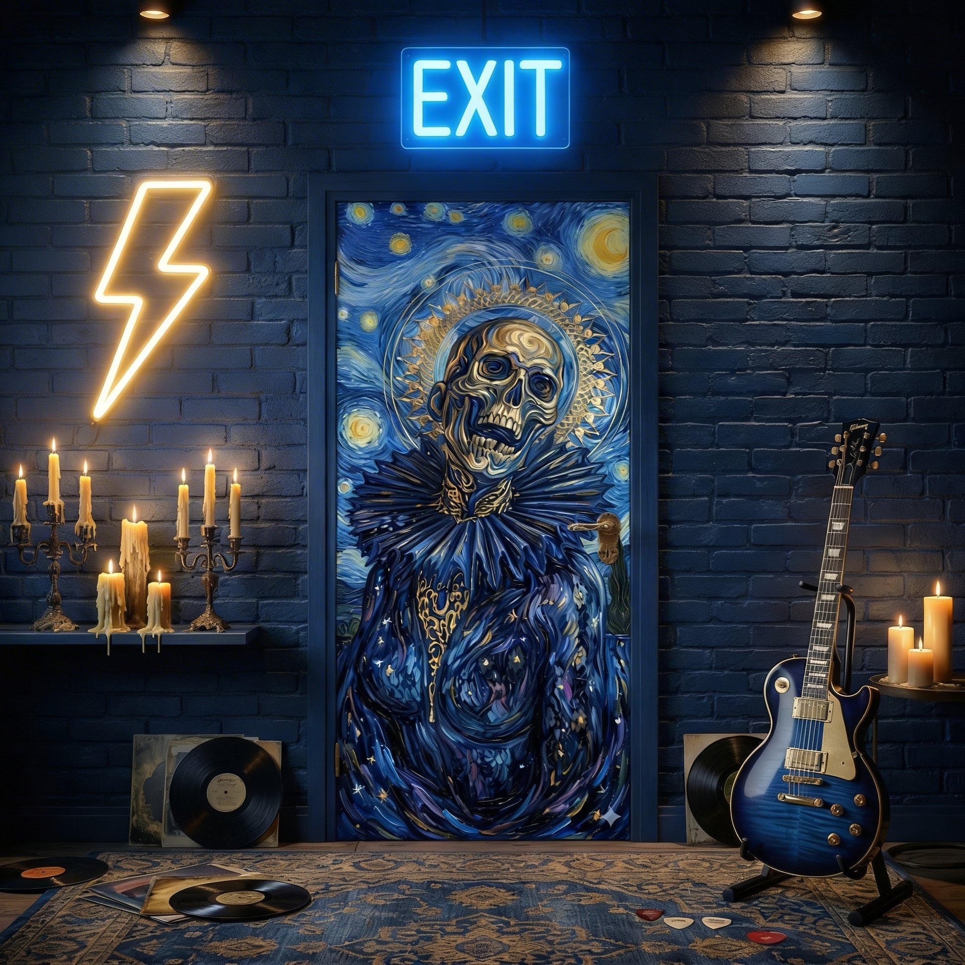 Man cave interior with a painting of a skull in blue attire, neon exit sign, and guitar.