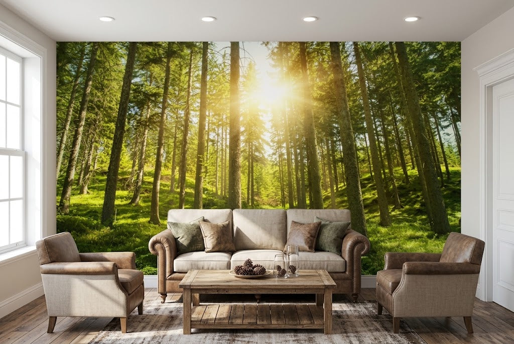 Sunlit green forest wall mural featuring tall pine tree trunks, lush ferns, and bright morning sunbeams piercing through the canopy.