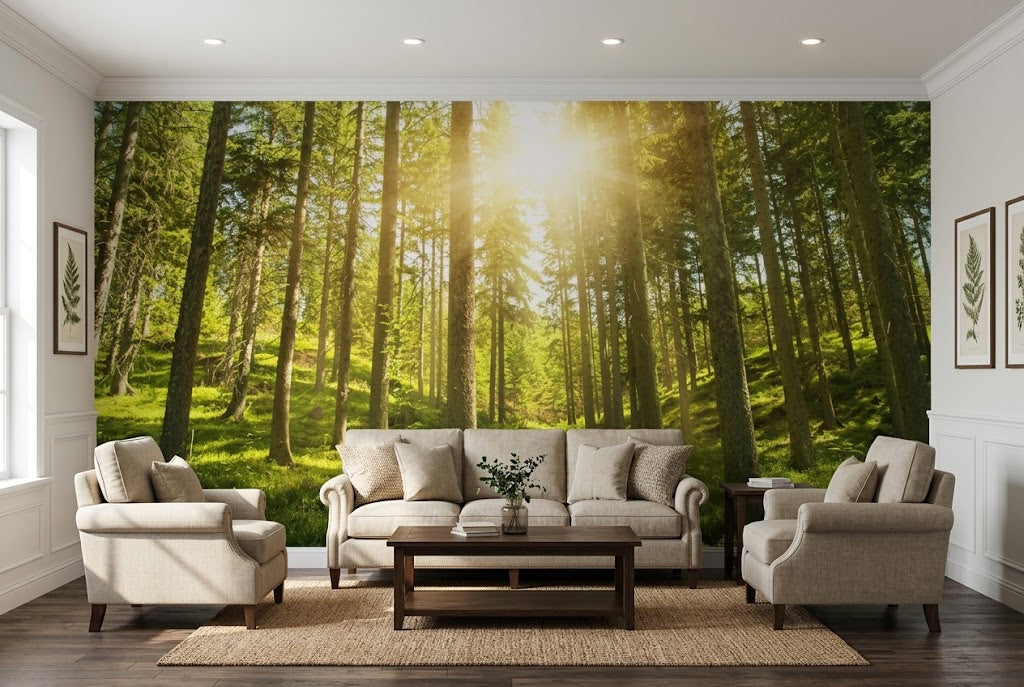 Stylish modern farmhouse living room interior styled with an expansive sunlit forest statement wall and wooden furnishings.