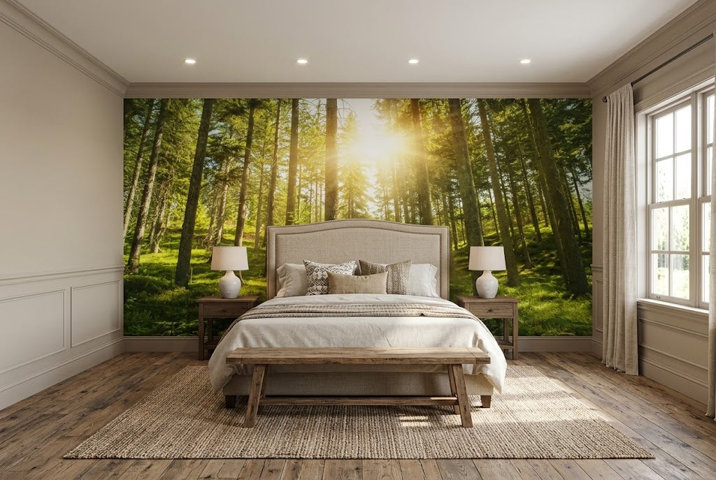 Peel and stick vinyl wallpaper showing a continuous vertical woodland landscape with natural light effects.