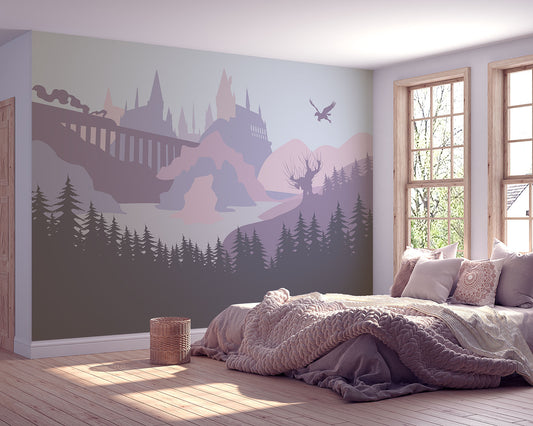Wizards Castle Wall Mural. Decal, Wallpaper, Tapestry. Lavender-pink palette