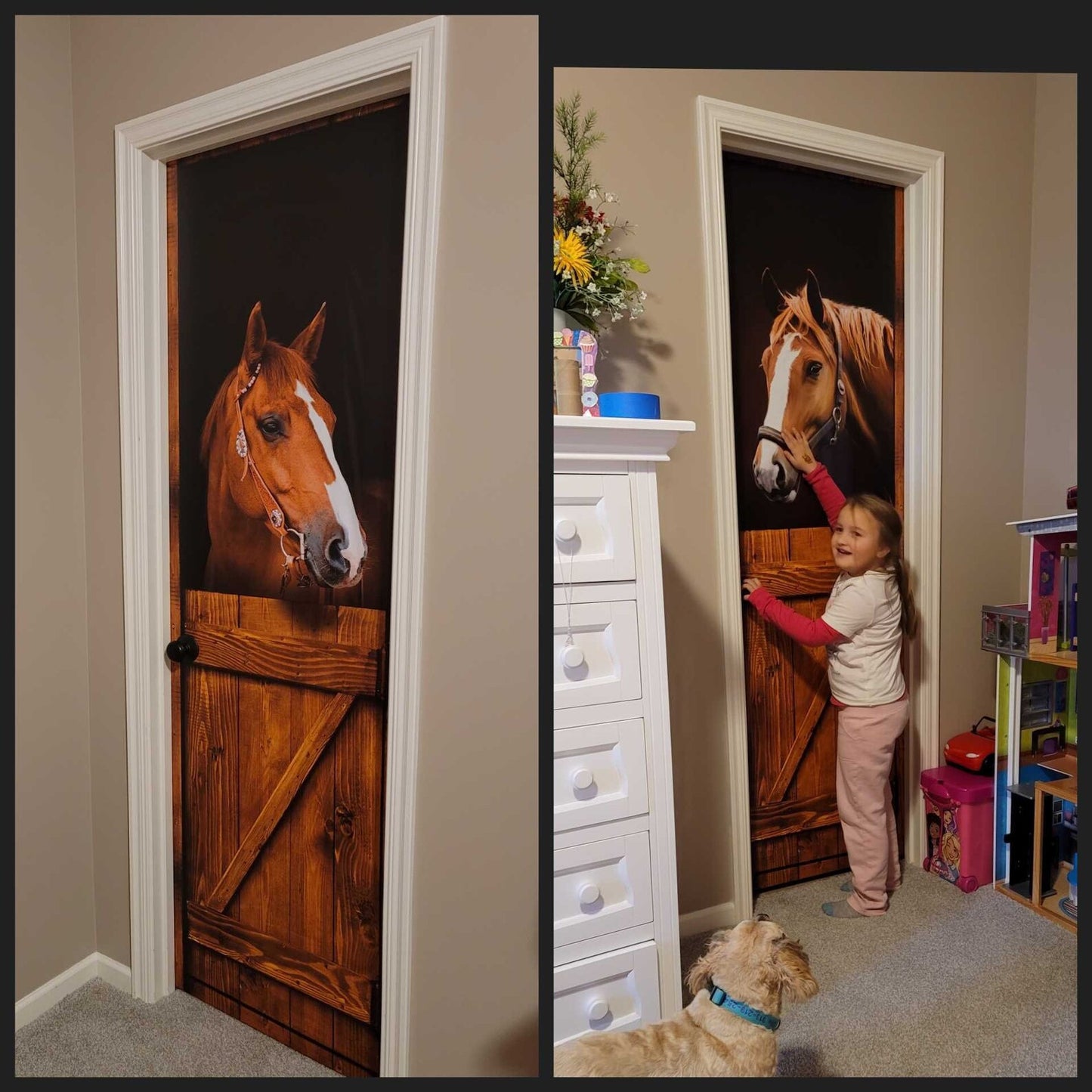 Horse in a country barn stable stall, door sticker mural, self-adhesive, single piece