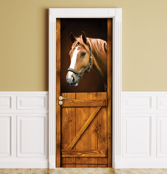 Horse in a country barn stable stall, door sticker mural