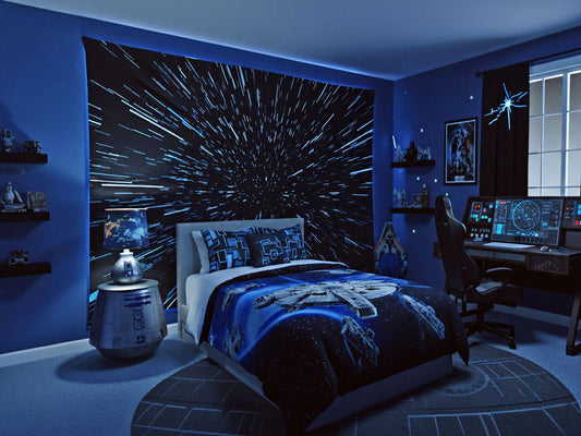 Star saga themed bedroom with bed, desk, and wall tapestry.