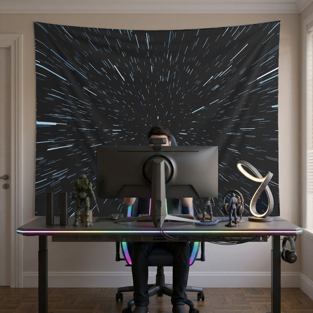 Lightweight polyester hyperspace stars photography backdrop for video streaming studios