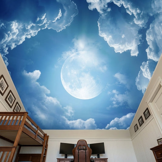 Night sky ceiling mural featuring a glowing moon and soft clouds in deep blue tones.