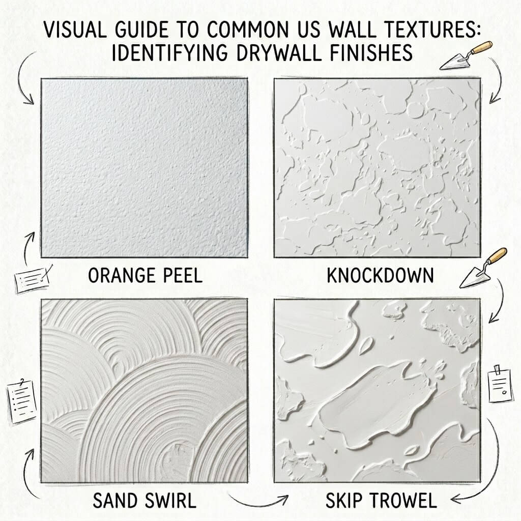 Infographic - Visual guide to common US wall textures with text and illustrations of drywall finishes.