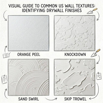 Infographic - Visual guide to common US wall textures with text and illustrations of drywall finishes.