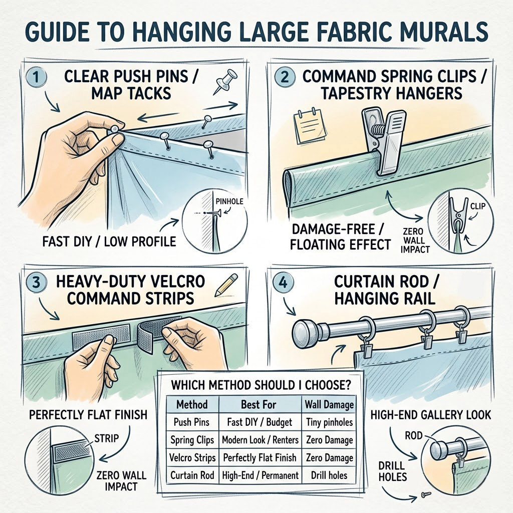 Underwater Shark Fabric Wallpaper Roll, Marine Life Accent Hanging Art - Infographic - Guide to hanging large fabric murals with illustrations and text.
