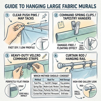 Infographic - Guide to hanging large fabric murals with illustrations and text.