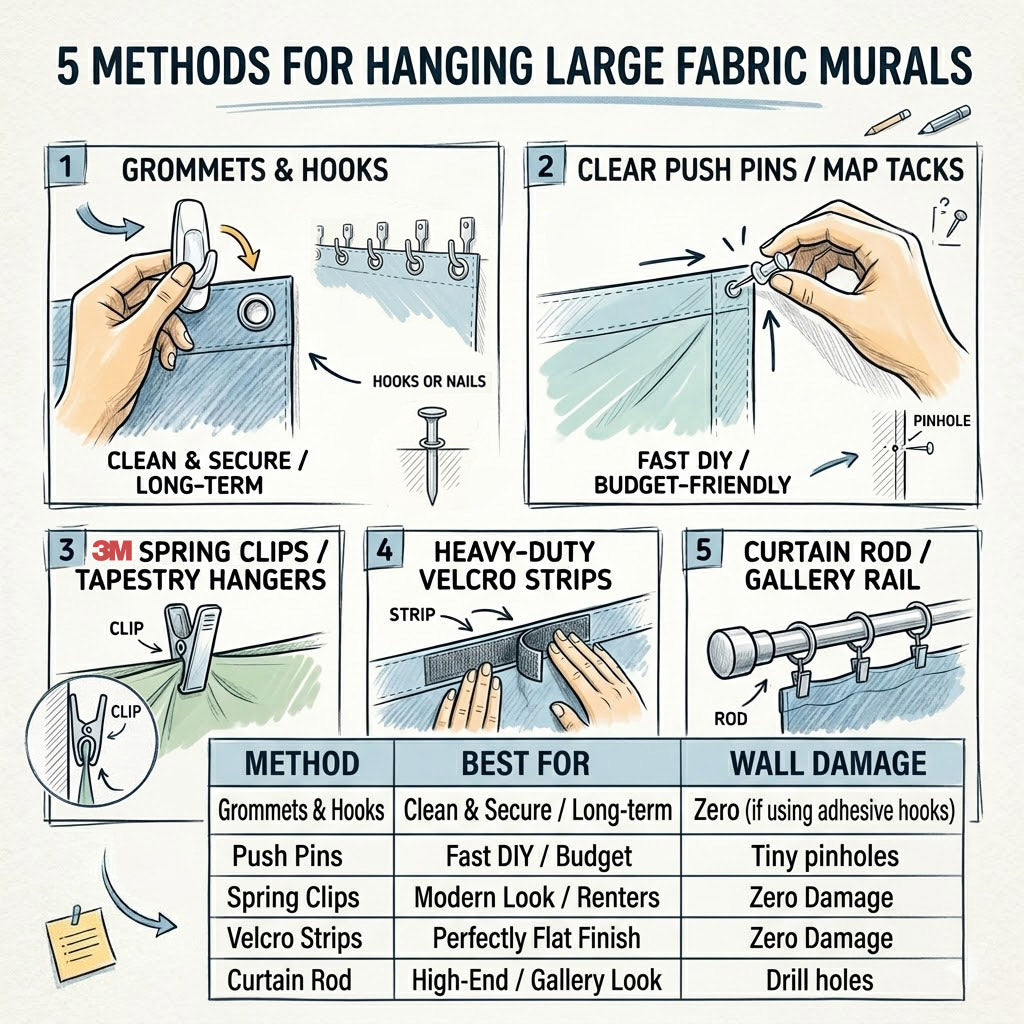 5 methods for hanging large fabric murals with illustrations and text.