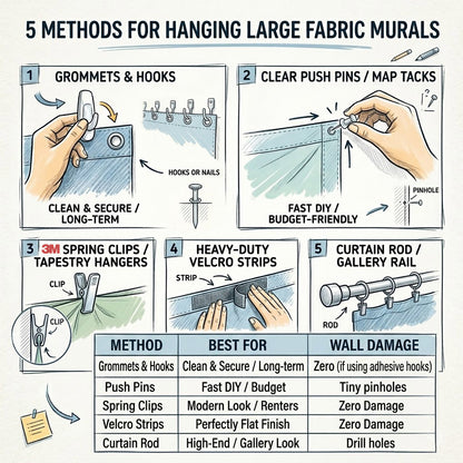 5 methods for hanging large fabric murals with illustrations and text.