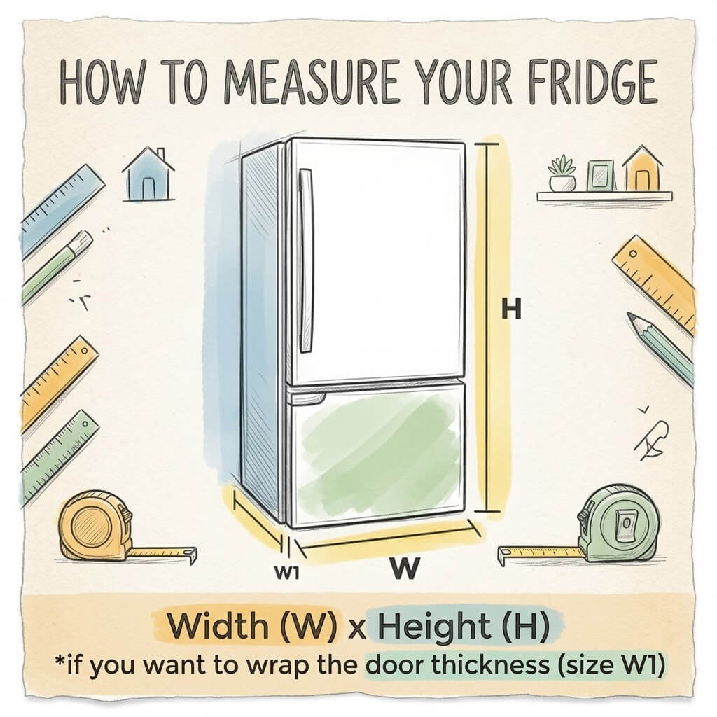 Deer Refrigerator Wrap | Classic Oil Painting Fridge Skin. Laminated, 1 Piece, Peel and Stick - Infographic - How to measure a refrigerator with labeled dimensions and tools.