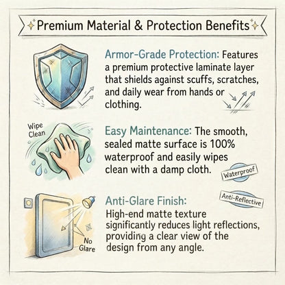 Infographic - Protective qualities: armor-grade scuff and scratch resistance, easy wiping/cleaning, and a zero glare finish on a light beige background.