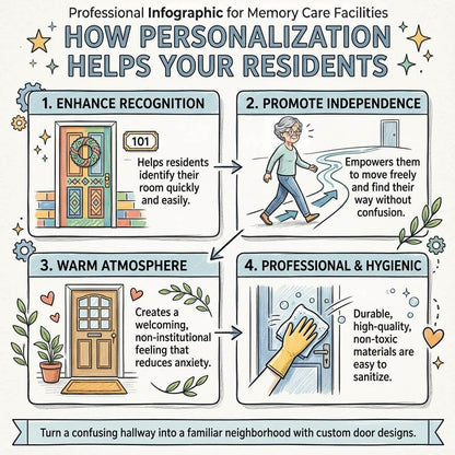 An infographic poster titled 'HOW PERSONALIZATION HELPS YOUR RESIDENTS' with four illustrated panels explaining benefits: enhanced recognition, promotion of independence, a warm atmosphere, and professional/hygienic qualities. The design uses blue, beige, green, and brown tones on a white background.
