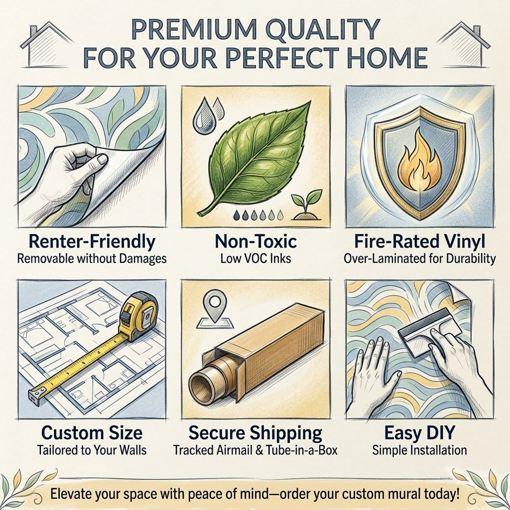 Features of premium quality wall murals for a home, including renter-friendly, non-toxic, fire-rated vinyl, custom size, secure shipping, and easy DIY.