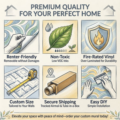 Features of premium quality wall murals for a home, including renter-friendly, non-toxic, fire-rated vinyl, custom size, secure shipping, and easy DIY.