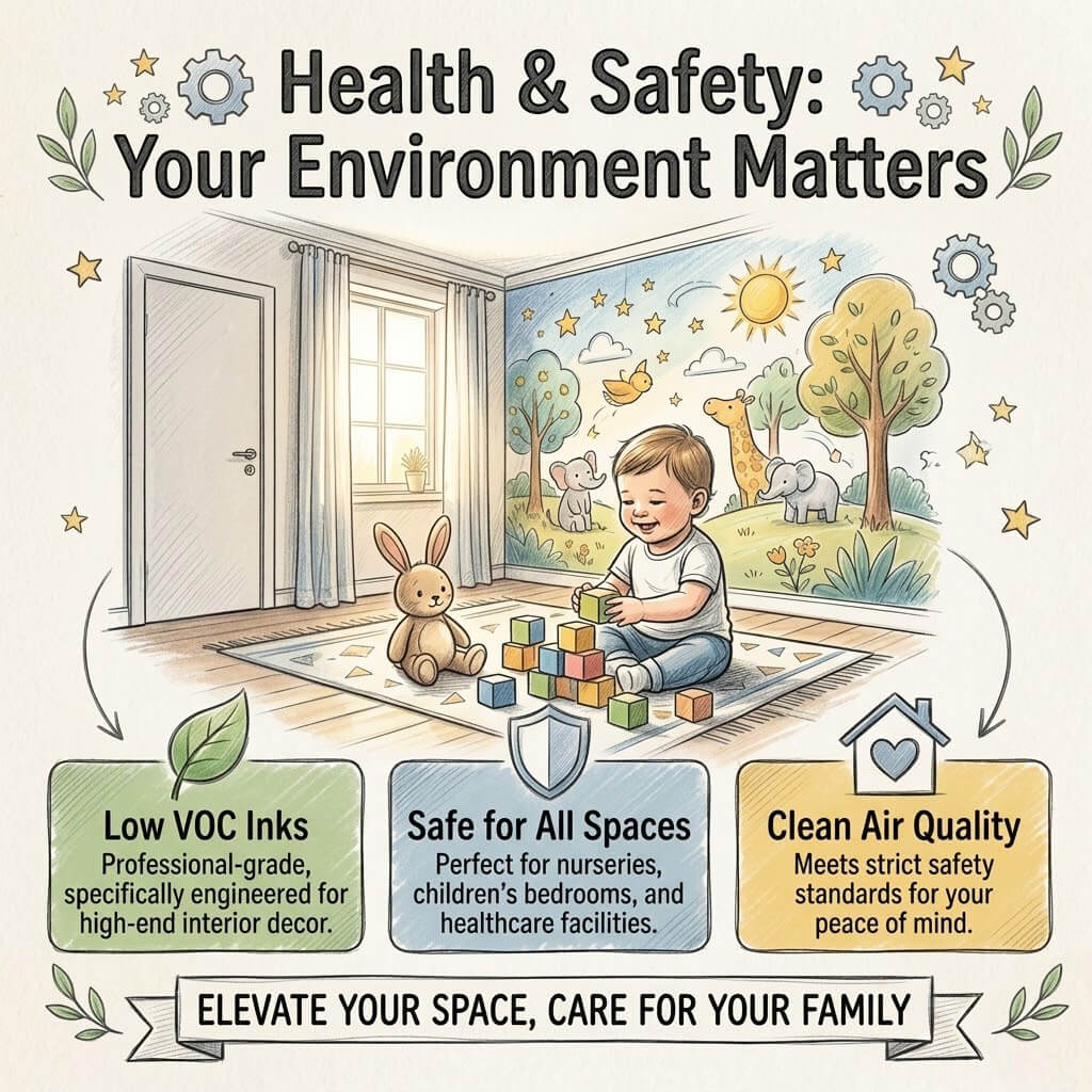 Infographic - Children's room with a child playing with toys, surrounded by nature-themed decorations, with text about health and safety.