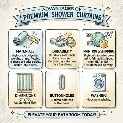 Infographic - Advantages of premium shower curtains with icons and text.