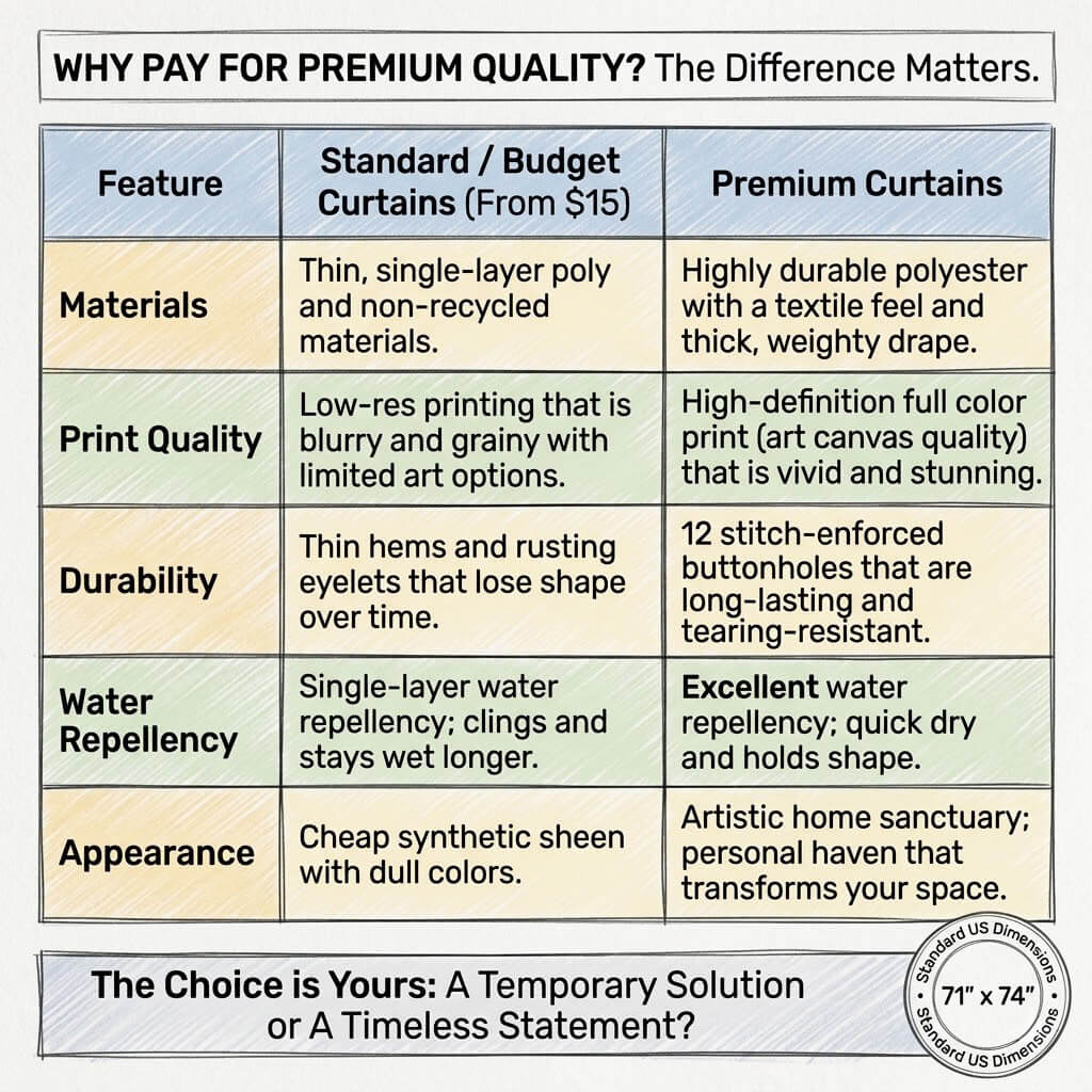 Lion Head Shower Curtain. Wild Predator Muzzle 71"W×74"H (180x188cm) - Infographic - Comparison chart of standard vs premium quality curtains with features listed.