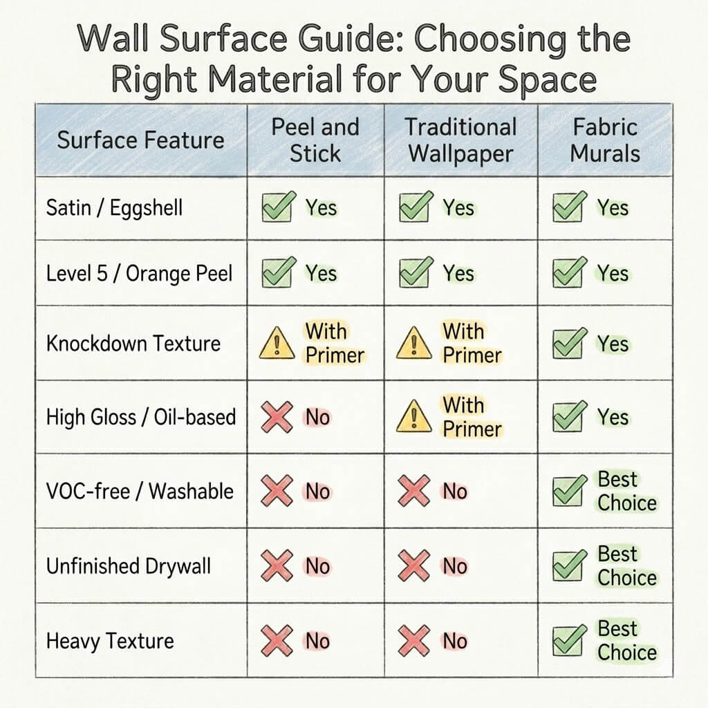Castle Wall Mural | Baby Room Wallpaper | Purple Nursery Tapestry. Lavender-pink palette v2 - Infographic - Chart comparing peel and stick, traditional wallpaper, and fabric murals for different wall surface features.