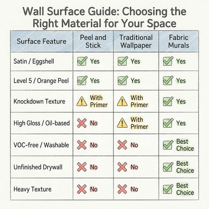 Infographic - Chart comparing peel and stick, traditional wallpaper, and fabric murals for different wall surface features.
