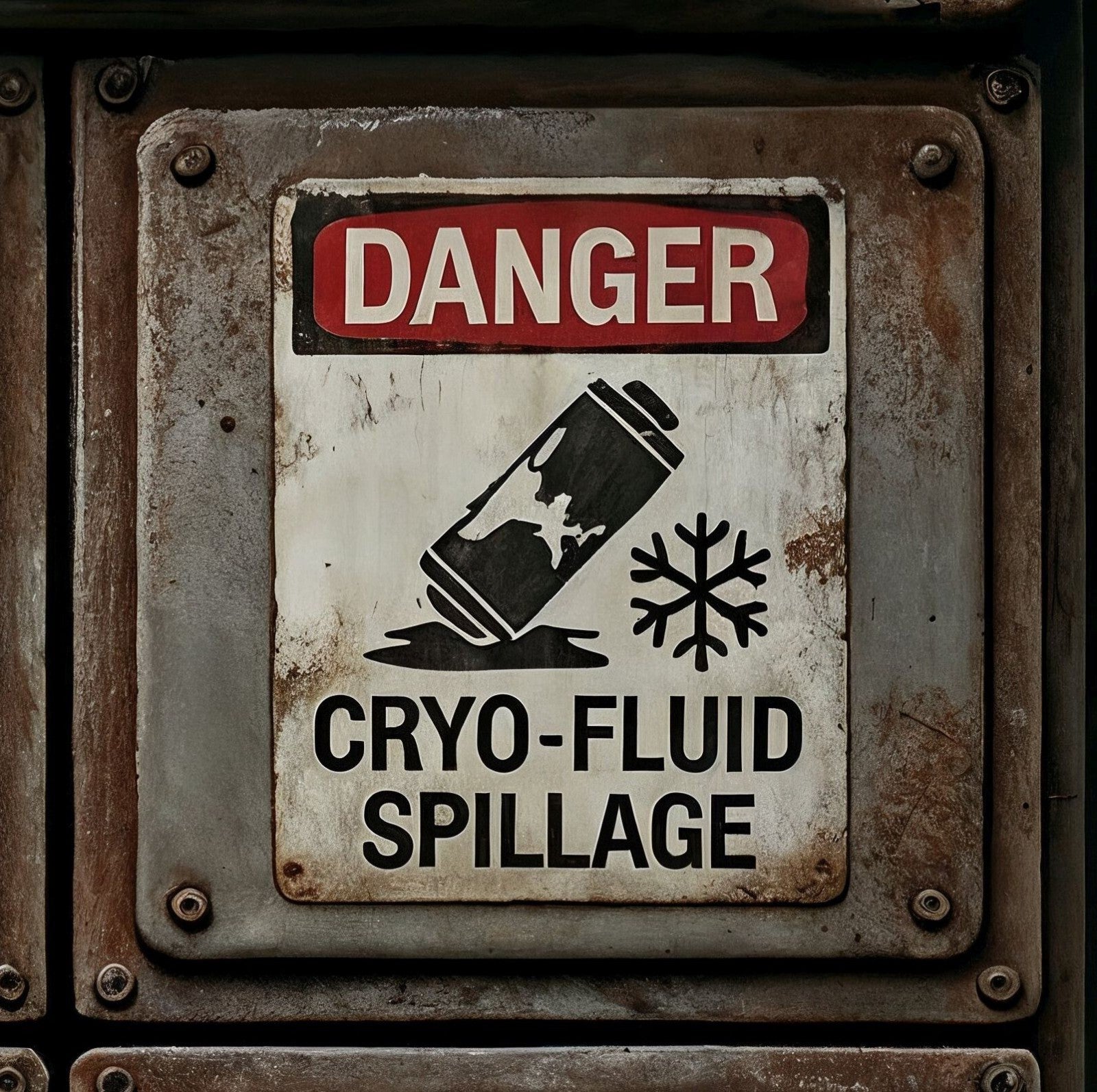 Warning sign for cryo-fluid spillage on a metallic surface