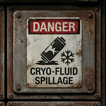 Warning sign for cryo-fluid spillage on a metallic surface