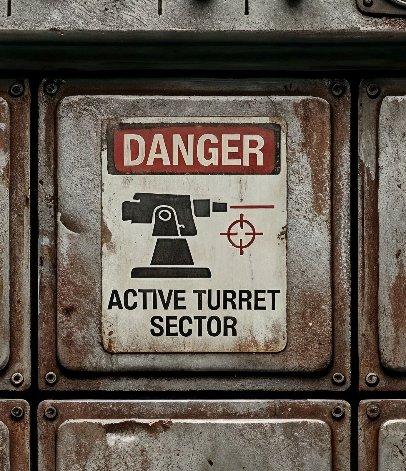 Metal surface with a warning sign indicating 'Danger: Active Turret Sector' on a military vehicle.