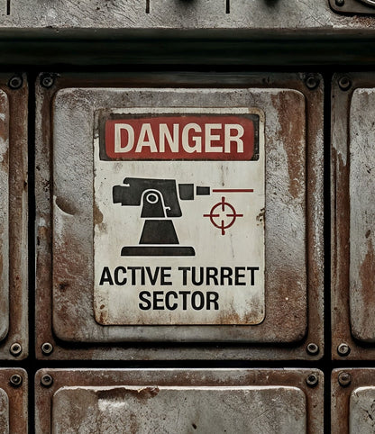 Metal surface with a warning sign indicating 'Danger: Active Turret Sector' on a military vehicle.