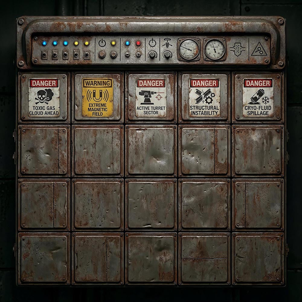 Vintage control panel with warning signs and buttons - Fabric background