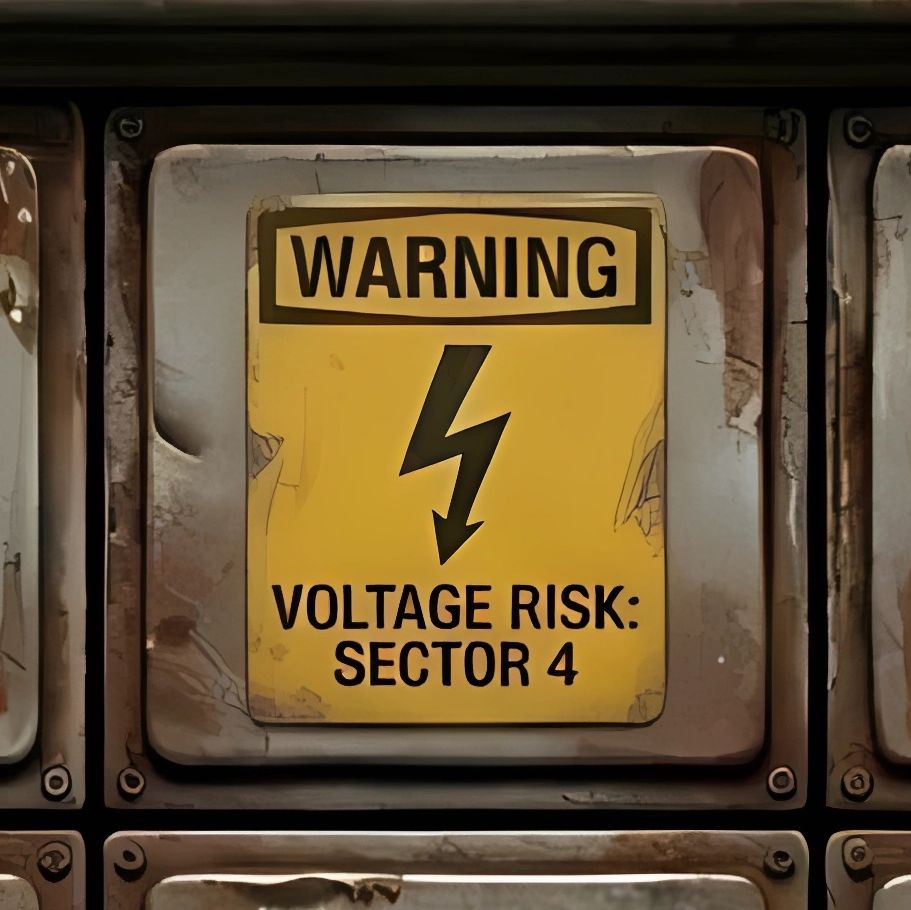 Warning sign on a metallic panel indicating voltage risk in Sector 4