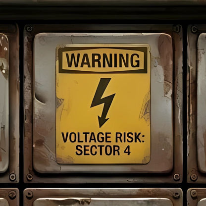 Warning sign on a metallic panel indicating voltage risk in Sector 4