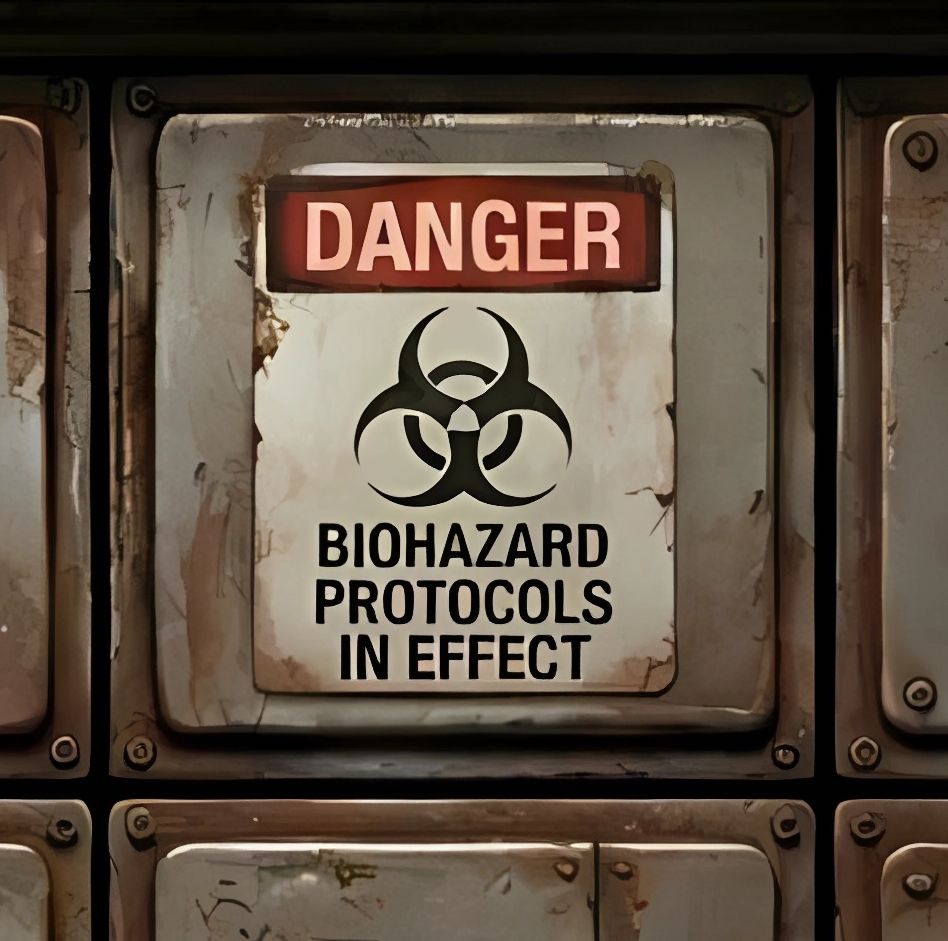 Rust-colored biohazard warning sign on a metal panel