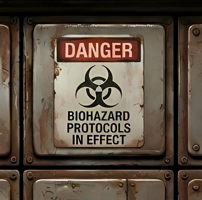 Rust-colored biohazard warning sign on a metal panel