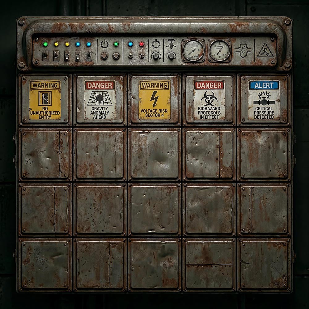 Zoom Backdrop - Vintage control panel with warning signs and gauges on a dark background