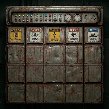 Zoom Backdrop - Vintage control panel with warning signs and gauges on a dark background