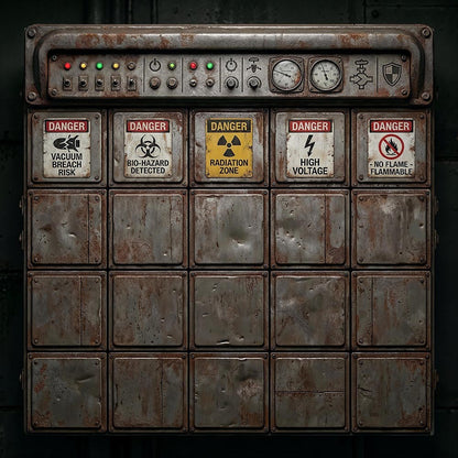Control panel with various danger signs and buttons - background for gamers.