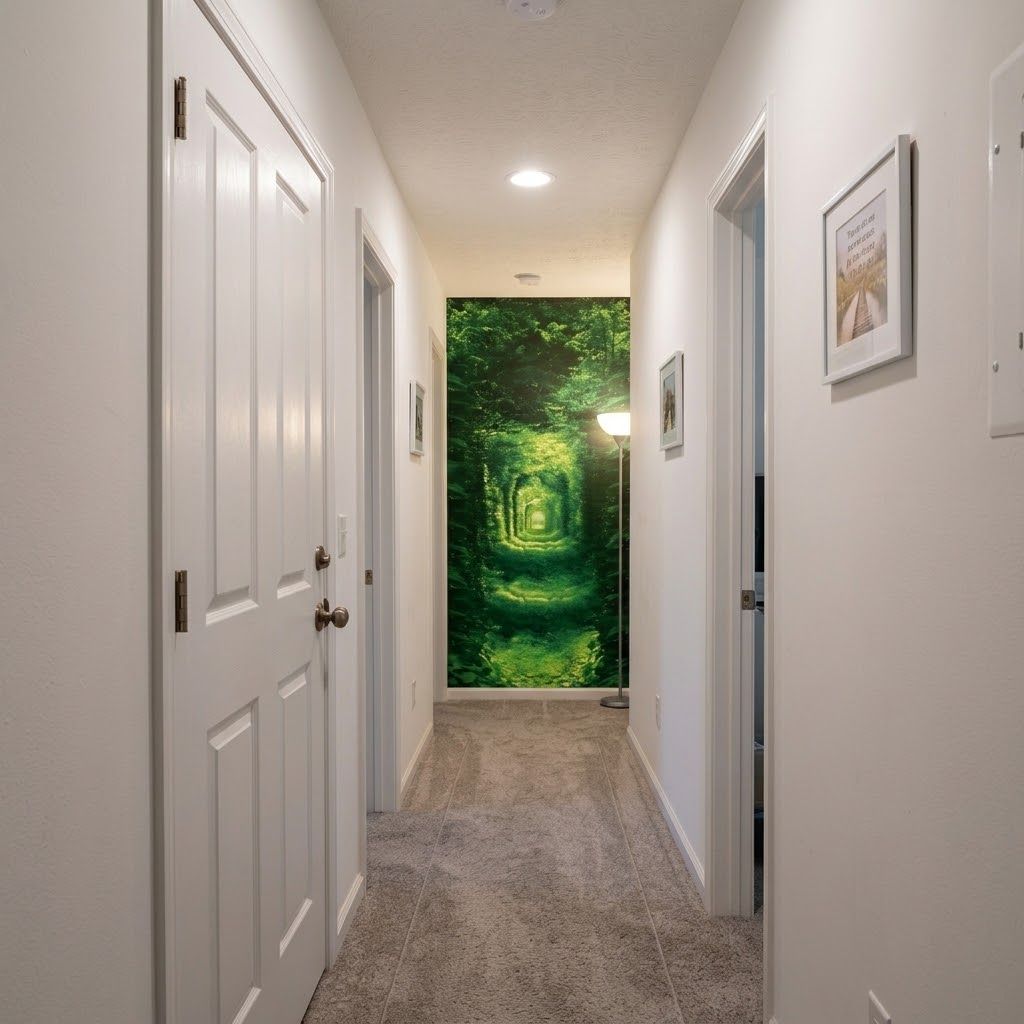 A hallway with white doors and walls, carpeted floor, and a large green forest mural or wallpaper at the far end.