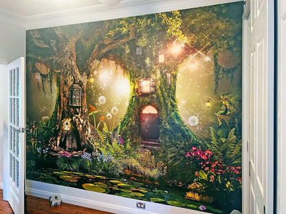 Enchanted Fairy Treehouse | Mystical Woodland Landscape - Wall Mural | Wallpaper | Large Tapestry. Baby Nursery Covering