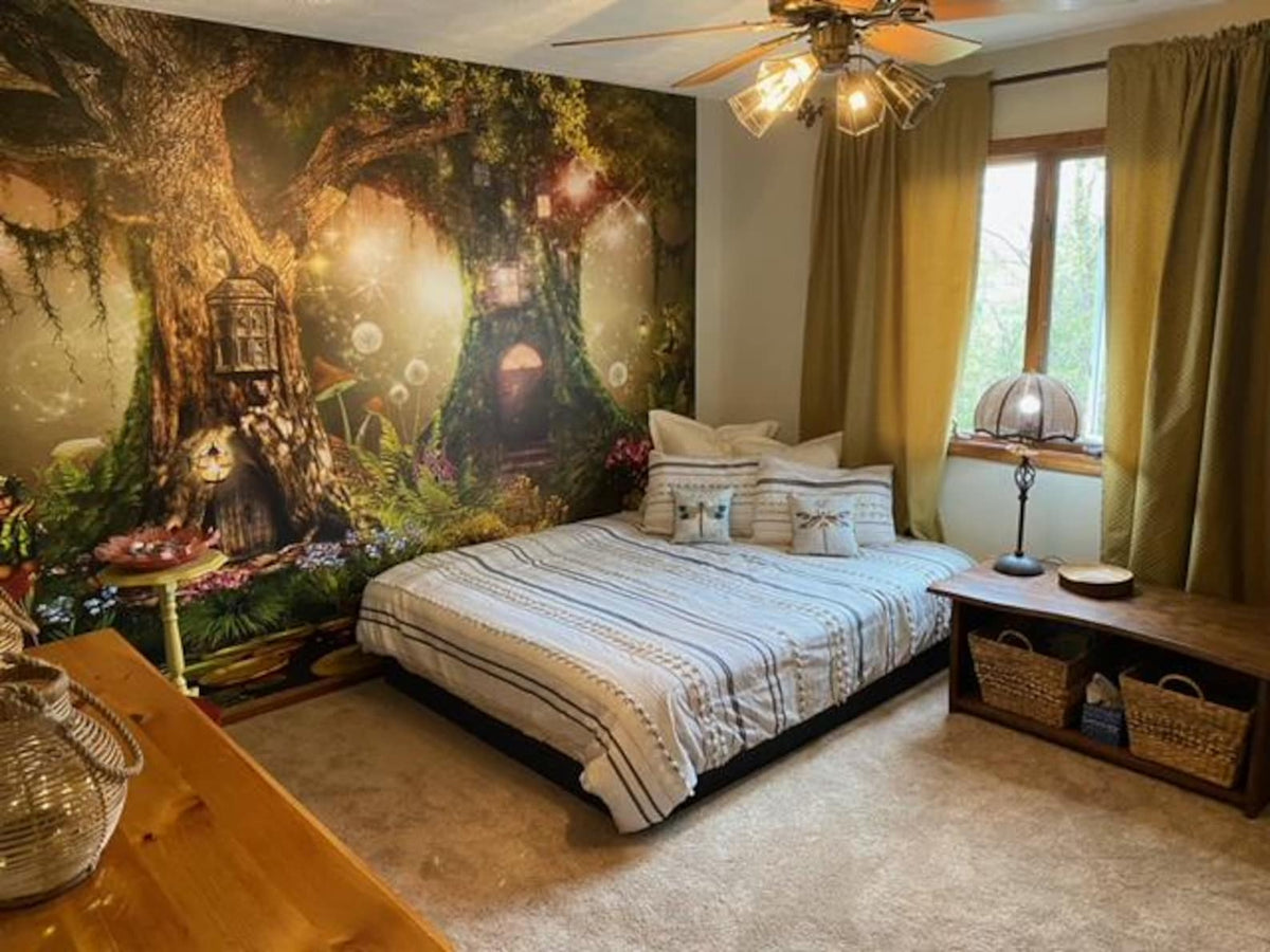Enchanted Fairy Treehouse | Mystical Woodland Landscape - Wall Mural | Wallpaper | Large Tapestry. Baby Nursery Covering