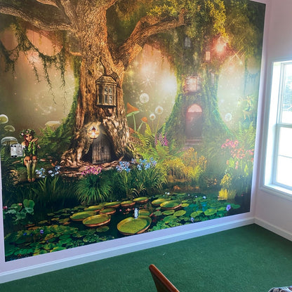 Enchanted Fairy Treehouse | Mystical Woodland Landscape - Wall Mural | Wallpaper | Large Tapestry. Baby Nursery Covering