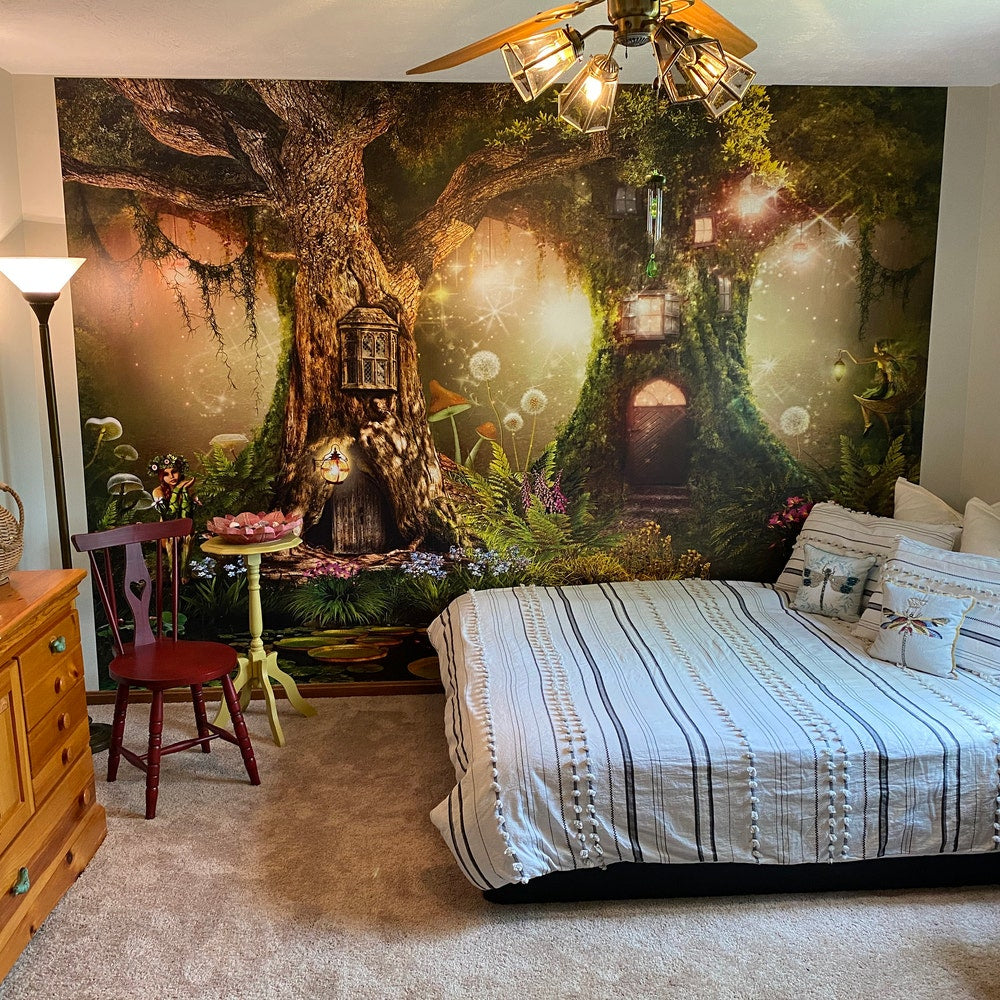Enchanted Fairy Treehouse | Mystical Woodland Landscape - Wall Mural | Wallpaper | Large Tapestry. Baby Nursery Covering