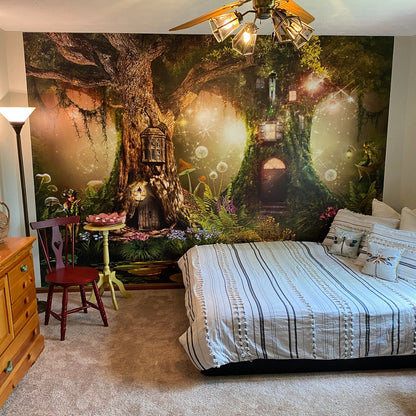 Enchanted Fairy Treehouse | Mystical Woodland Landscape - Wall Mural | Wallpaper | Large Tapestry. Baby Nursery Covering