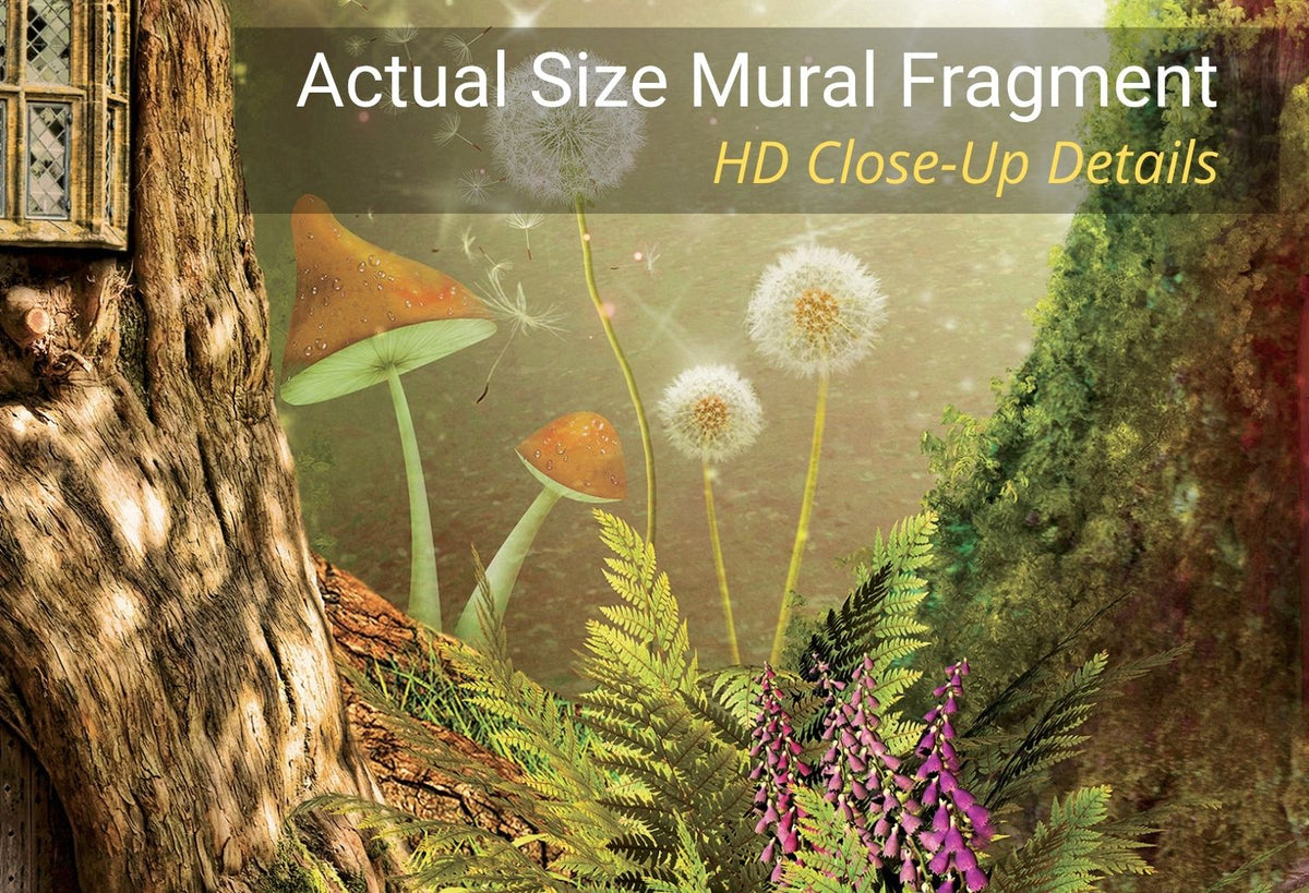 A decorative mural or wallpaper fragment showing a forest scene with a large tree trunk on the left, glowing orange mushrooms, white dandelion-like flowers, green ferns, and purple flowers. Text at the top reads 'Actual Size Mural Fragment' and 'HD Close-Up Details'.