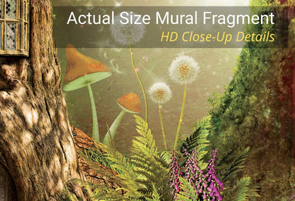 A decorative mural or wallpaper fragment showing a forest scene with a large tree trunk on the left, glowing orange mushrooms, white dandelion-like flowers, green ferns, and purple flowers. Text at the top reads 'Actual Size Mural Fragment' and 'HD Close-Up Details'.