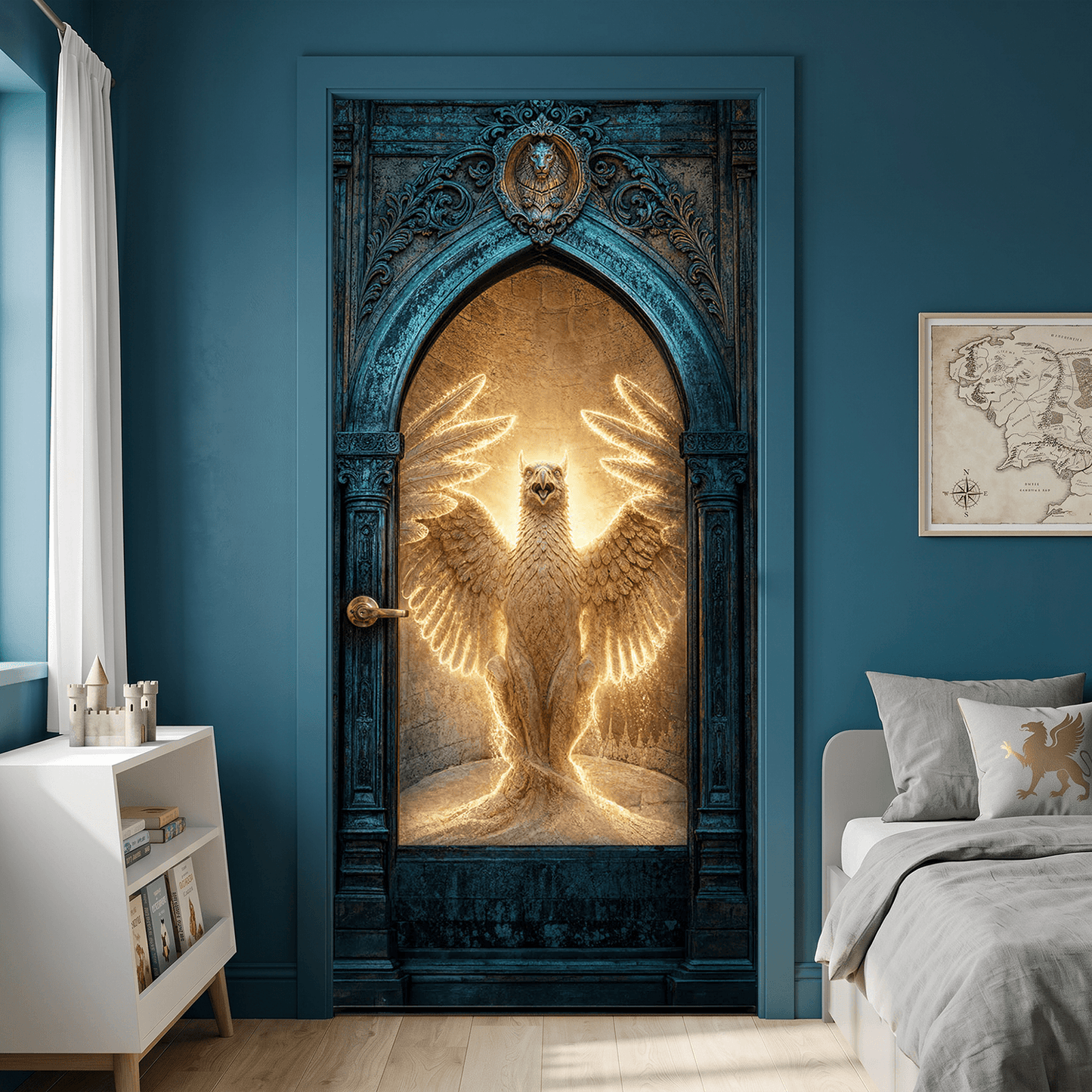 Fire Griffin Door Wrap Peel and Stick Phoenix Gryphon Mural